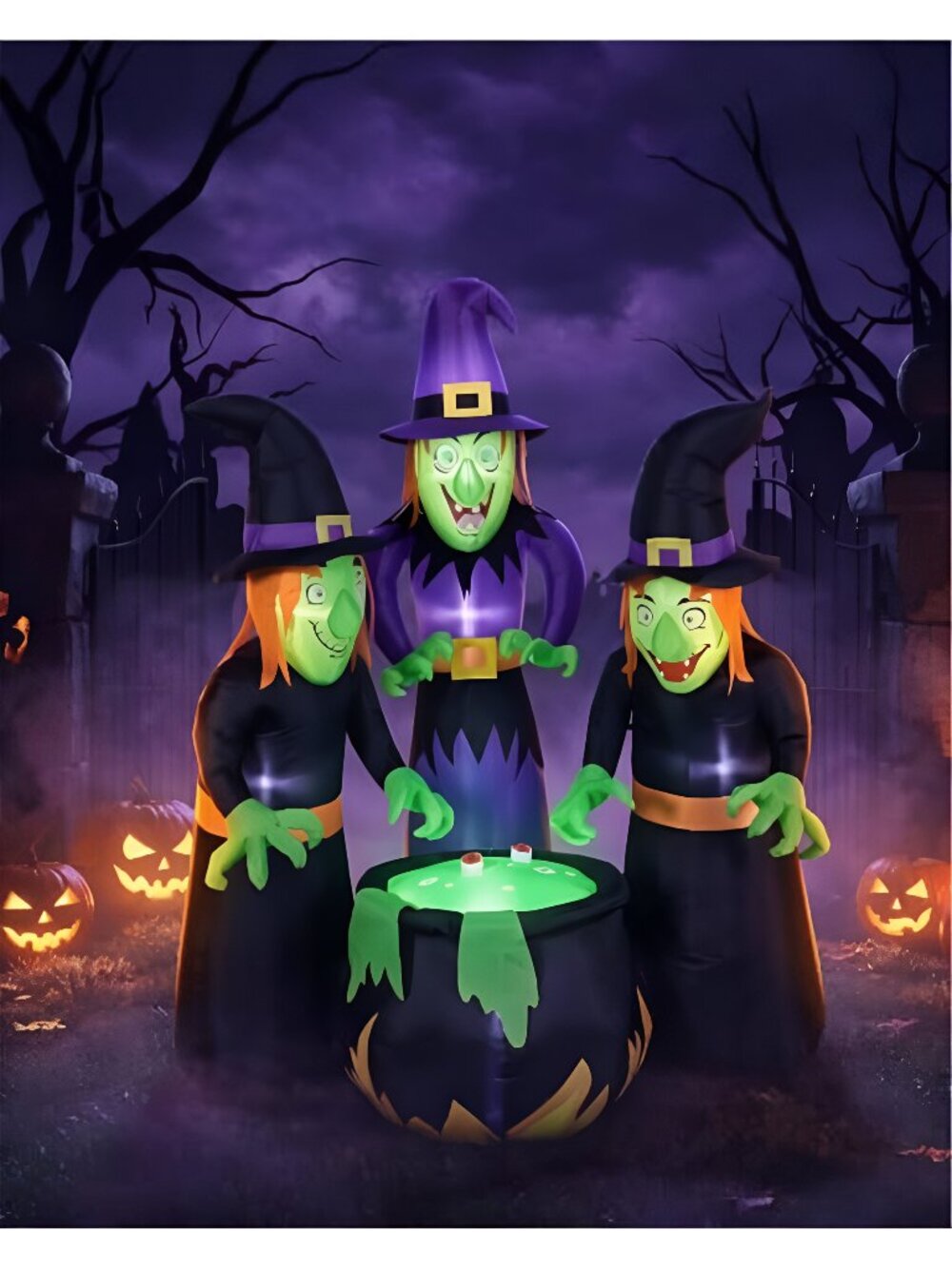 6FT Halloween Inflatables Three Witch Around Cauldron with Bulit-in Lights